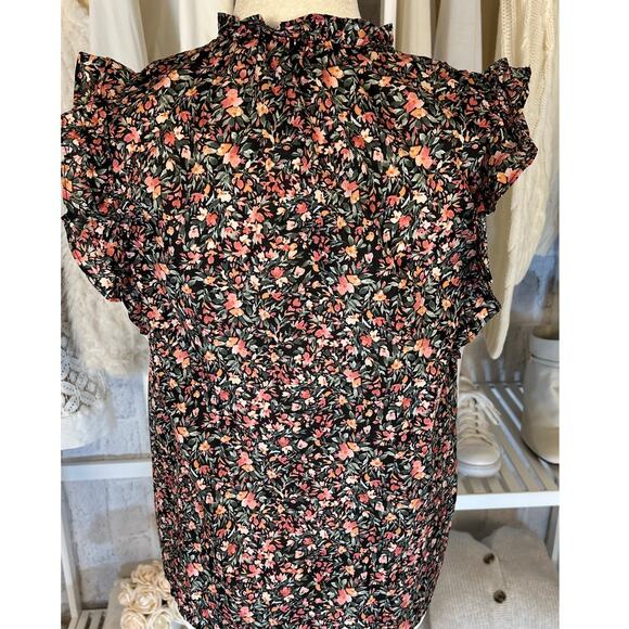 BB Dakota by Steve Madden Women's Size M Black Floral Ruffle Sleeve Blouse #0322 - Picture 6 of 13